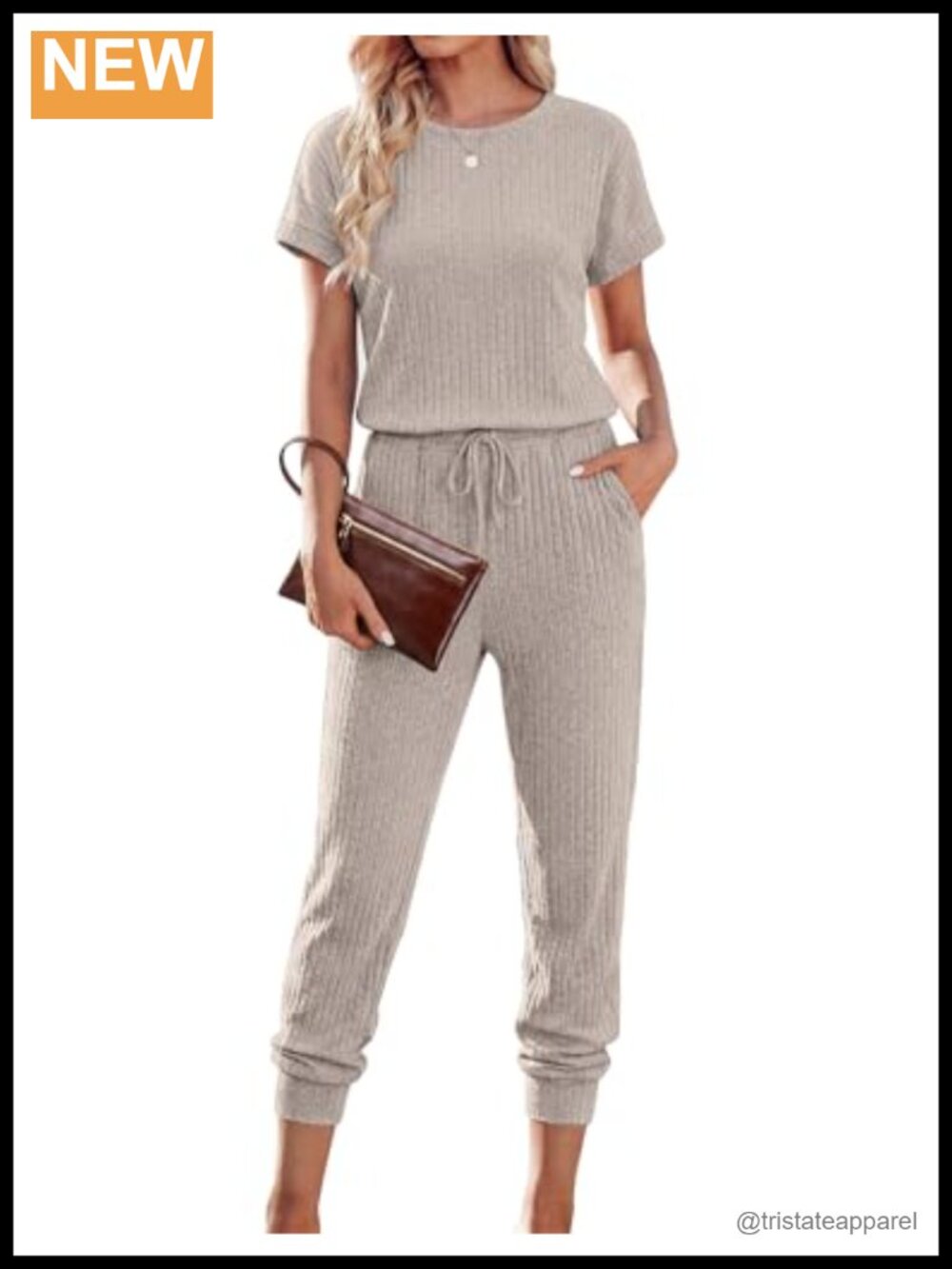 Ribbed Knit Short Sleeve Jumpsuit with Pockets Drawstring
